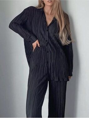 SHEIN Black Wide Leg Pleated Jumpsuit Set